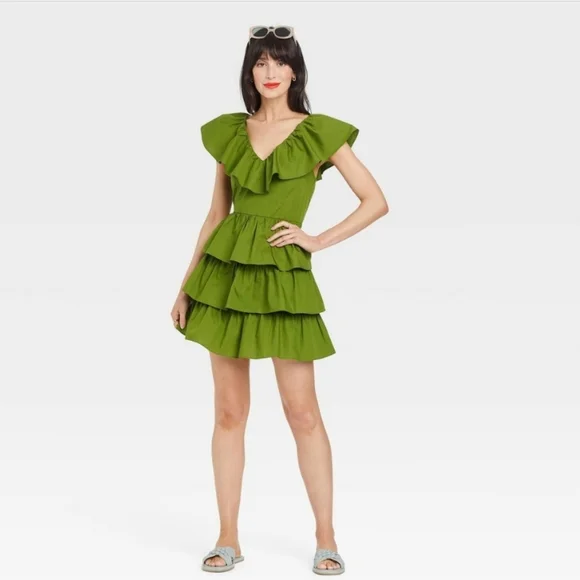 white dress tight top flowy bottom NEON GREEN TIRED MINI DRESSA FLATTERING SIHOUETTE dresses for women –  Antimony main image 1